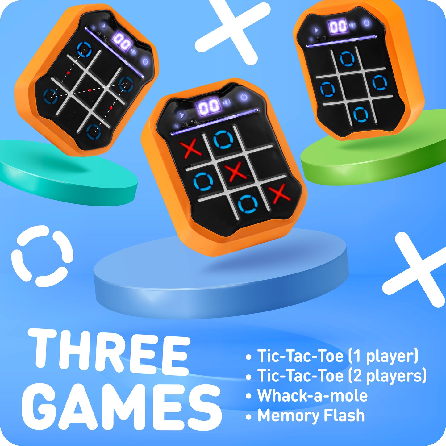 Kids Tic-Tac-Toe Game Toy – 3-in-1 - Memory & Brain Toy for Ages 7+ | Handheld Travel Toy with Lights & Sound | Gift for Boys & Girls